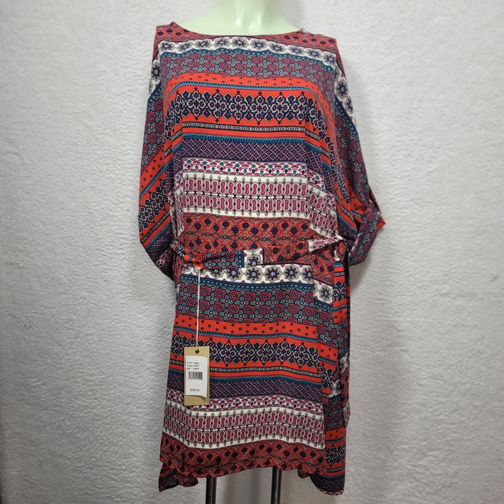 Freeway Boho Geo Stripe Belted Tunic Dress Coral Multi Large 3/4 Sleeve